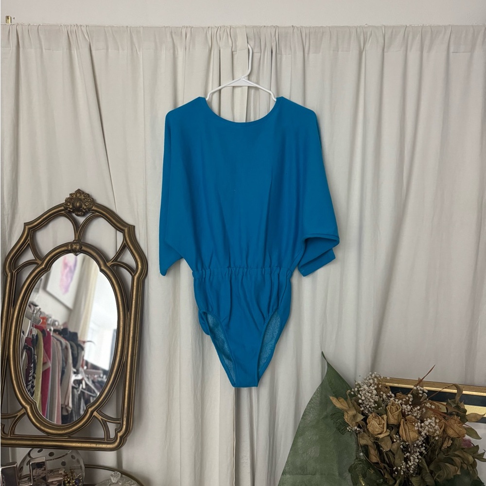 80s batwing Bodysuit blue dance stage costume